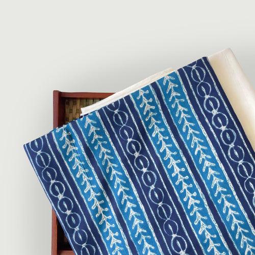 Deep Blue Tribal Stripes | Hand Block Printed Pure Cotton Fabric (3 Meters) | and Cotton Pyjama (2.5 Meters) | Unstitched Combo Set