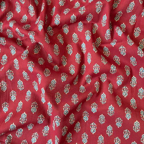 Dusty Red Mini Abstract Flowers | Hand Block Printed Pure Cotton Fabric (3 Meters) | and Cotton Pyjama (2.5 Meters) | Unstitched Combo Set