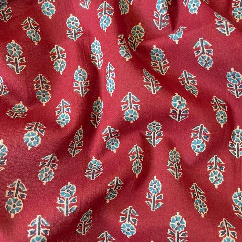 Dusty Red Mini Abstract Flowers | Hand Block Printed Pure Cotton Fabric (3 Meters) | and Cotton Pyjama (2.5 Meters) | Unstitched Combo Set