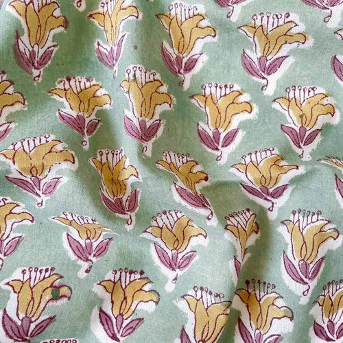 Light Turquoise & Yellow Mini Daffodils | Hand Block Printed Pure Cotton Fabric (3 Meters) | and Cotton Pyjama (2.5 Meters) | Unstitched Combo Set