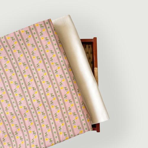 Pastel Pink & Yellow Floral Stripes| Hand Block Printed Pure Cotton Fabric (3 Meters) | and Cotton Pyjama (2.5 Meters) | Unstitched Combo Set