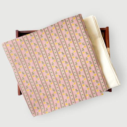 Pastel Pink & Yellow Floral Stripes| Hand Block Printed Pure Cotton Fabric (3 Meters) | and Cotton Pyjama (2.5 Meters) | Unstitched Combo Set