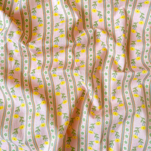 Pastel Pink & Yellow Floral Stripes| Hand Block Printed Pure Cotton Fabric (3 Meters) | and Cotton Pyjama (2.5 Meters) | Unstitched Combo Set