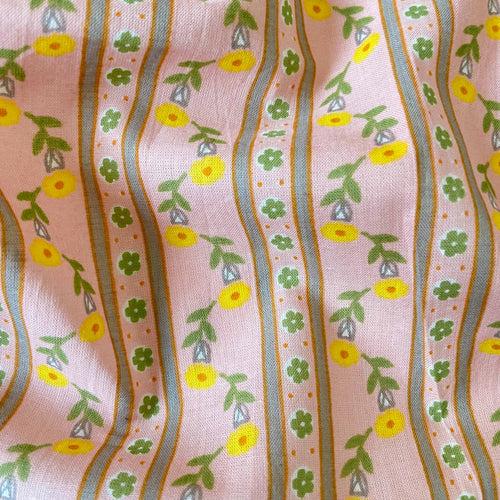 Pastel Pink & Yellow Floral Stripes| Hand Block Printed Pure Cotton Fabric (3 Meters) | and Cotton Pyjama (2.5 Meters) | Unstitched Combo Set