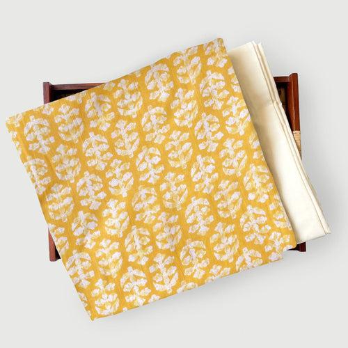 Sunny Yellow Abstract Floral | Batik Natural Dyed Hand Block Printed Pure Cotton Fabric (3 Meters) | and Cotton Pyjama (2.5 Meters) | Unstitched Combo Set
