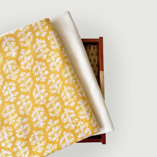 Sunny Yellow Abstract Floral | Batik Natural Dyed Hand Block Printed Pure Cotton Fabric (3 Meters) | and Cotton Pyjama (2.5 Meters) | Unstitched Combo Set