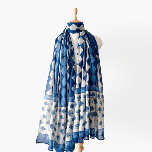 Indigo Blue & Grey Abstract Floral Hand Block Printed Pure Cotton Dupatta (Width 40 Inches)