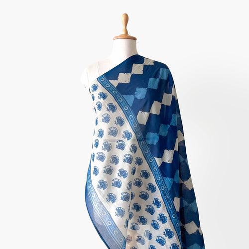 Indigo Blue & Grey Abstract Floral Hand Block Printed Pure Cotton Dupatta (Width 40 Inches)