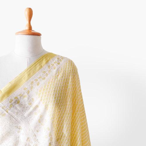 Lemon Yellow & White Abstract Floral Hand Block Printed Pure Cotton Dupatta (Width 40 Inches)