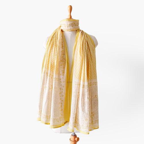 Lemon Yellow & White Abstract Floral Hand Block Printed Pure Cotton Dupatta (Width 40 Inches)