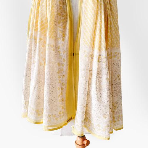 Lemon Yellow & White Abstract Floral Hand Block Printed Pure Cotton Dupatta (Width 40 Inches)