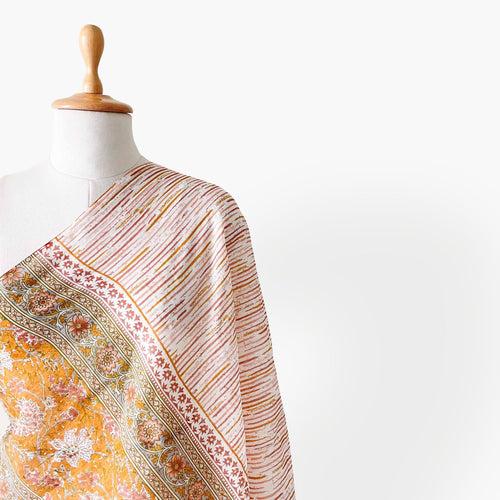 Mustard Yellow & Off-White Mughal Floral Hand Block Printed Pure Cotton Dupatta (Width 40 Inches)