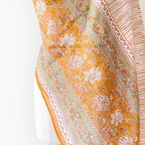 Mustard Yellow & Off-White Mughal Floral Hand Block Printed Pure Cotton Dupatta (Width 40 Inches)