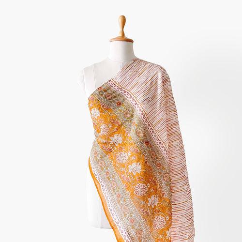 Mustard Yellow & Off-White Mughal Floral Hand Block Printed Pure Cotton Dupatta (Width 40 Inches)