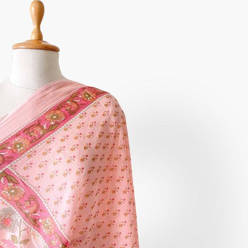 Peach Pink Mughal Floral Hand Block Printed Pure Cotton Dupatta (Width 40 Inches)