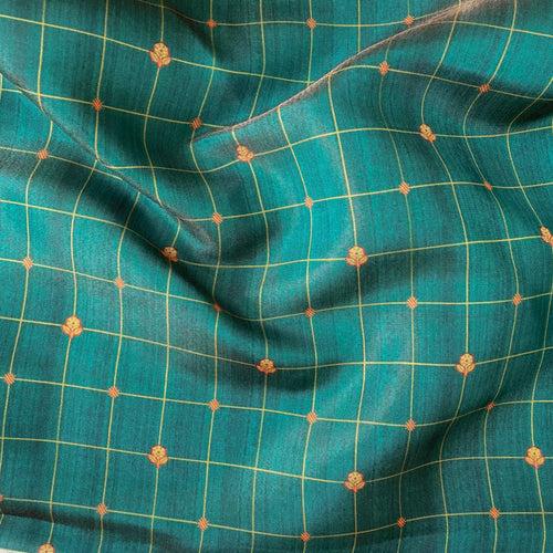 (CUT PIECE) Emerald Green & Orange Checks Printed Tissue Silk Fabric (Width 44 Inches)
