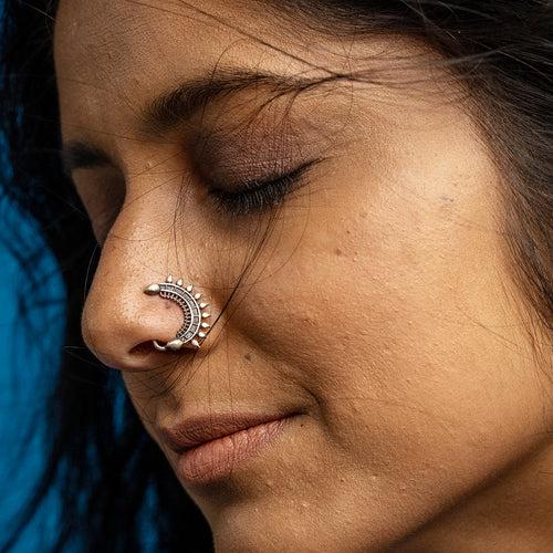 Isha Silver Nath/Nose Ring - Black, Clip On Left