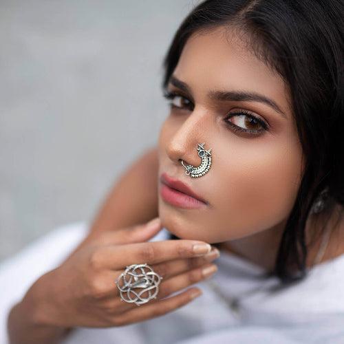Temple Silver Nath/Nose Ring - Black, Clip On Left