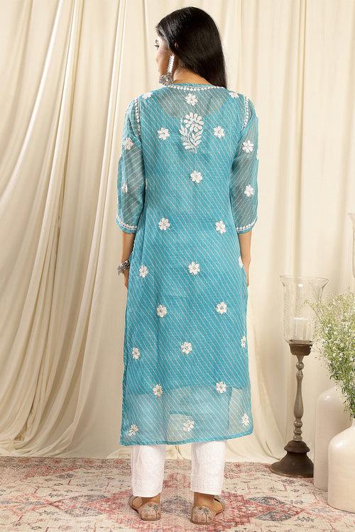 Turquoise Blue Kota Doria Chikankari Kurta (with slip)