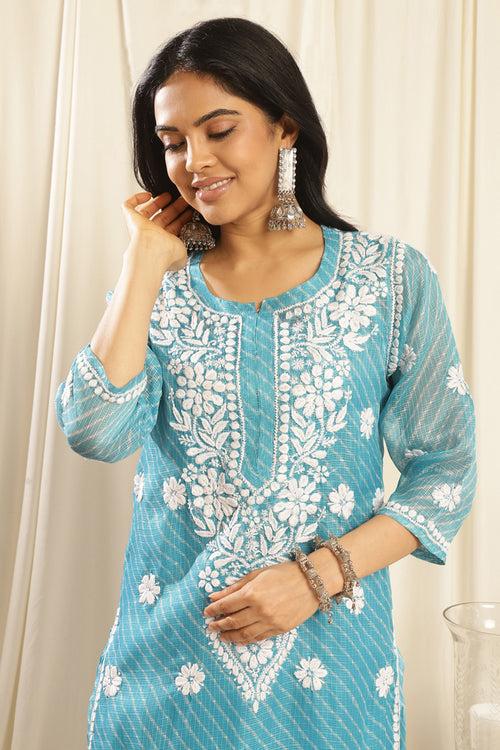 Turquoise Blue Kota Doria Chikankari Kurta (with slip)