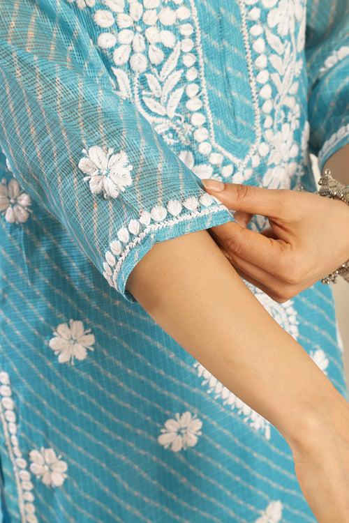 Turquoise Blue Kota Doria Chikankari Kurta (with slip)