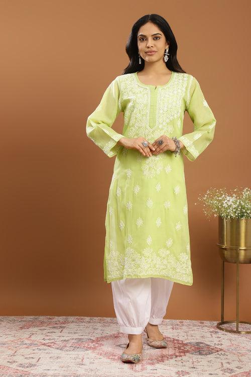 Green Chikankari Cotton Kurta (with Slip)