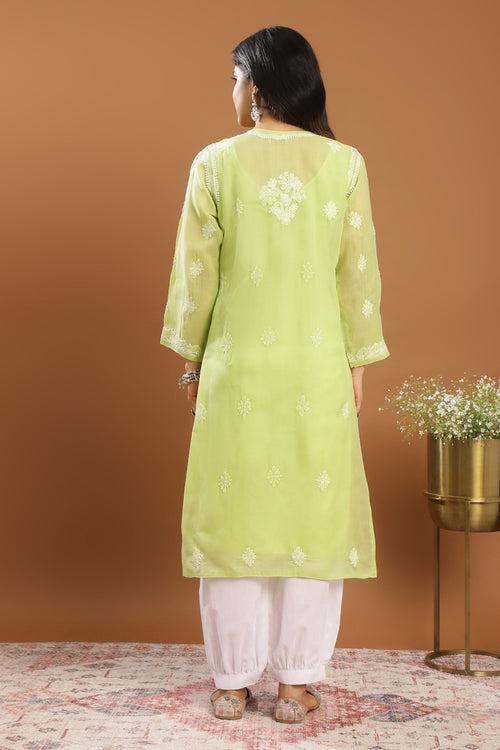 Green Chikankari Cotton Kurta (with Slip)