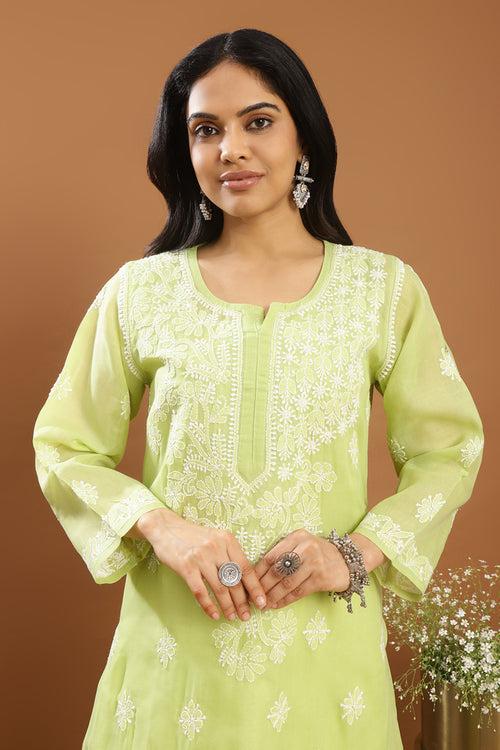 Green Chikankari Cotton Kurta (with Slip)