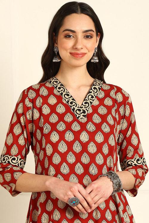 Maroon Bagru 'A' Line Kurta