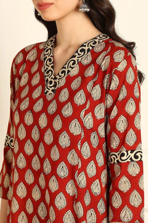 Maroon Bagru 'A' Line Kurta