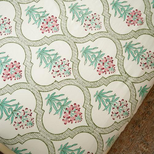 Pink Green Floral Hand Block Printed Bedsheet Set (Double)