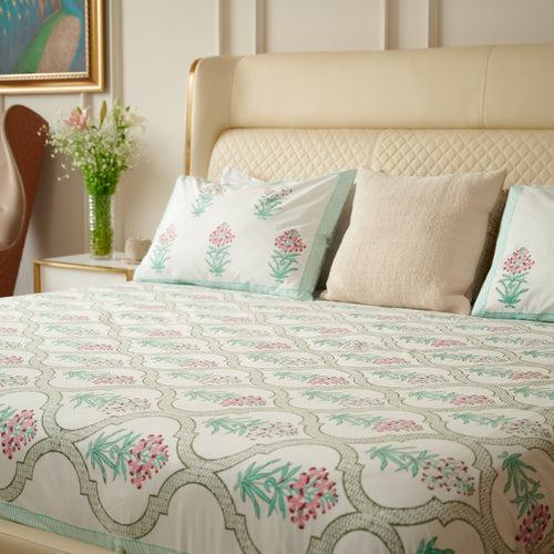 Pink Green Floral Hand Block Printed Bedsheet Set (Double)