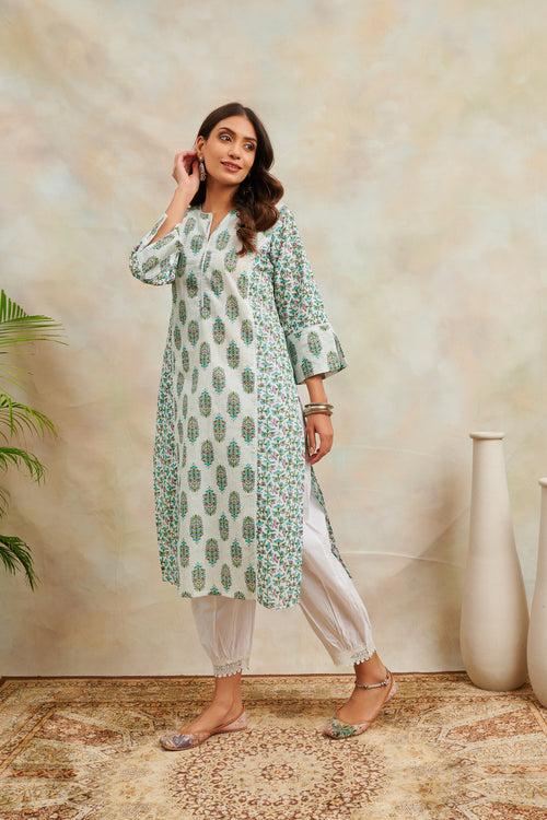 White & Teal Printed Sanganeri Straight Kurta