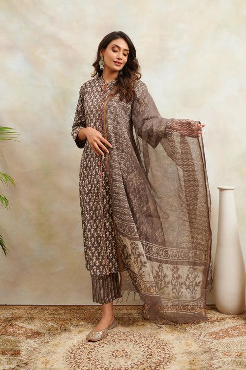 Brown Hand Block Bagru Printed Kota Doria Dupatta