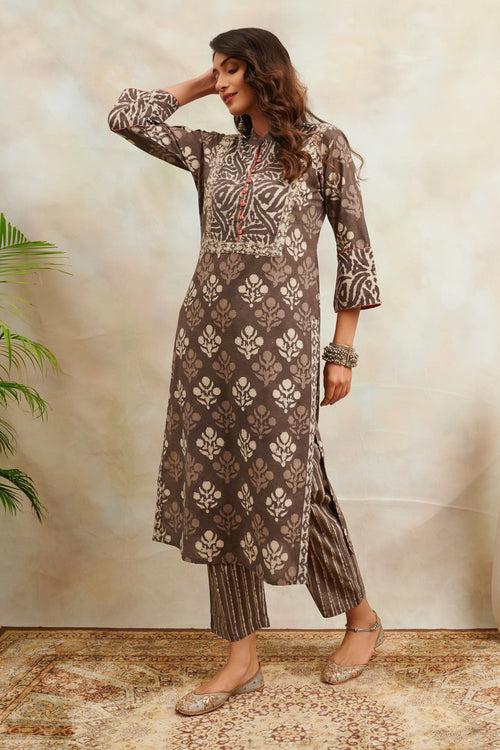 Brown Bagru Straight Kurta