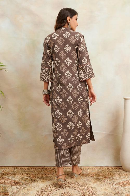 Brown Bagru Straight Kurta