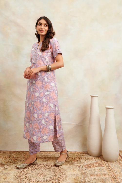 Mauve/Pink Sanganeri Straight Kurta