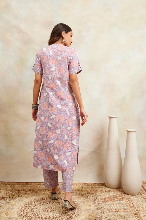 Mauve/Pink Sanganeri Straight Kurta