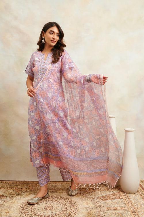 Mauve/Pink Sanganeri Straight Kurta