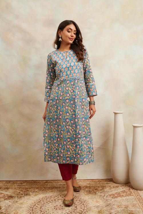 Teal Blue & Maroon Hand Block Printed Sanganeri Kurta