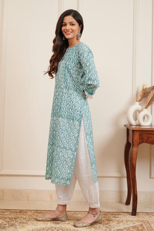 Sea Green Hand Block Printed Kurta