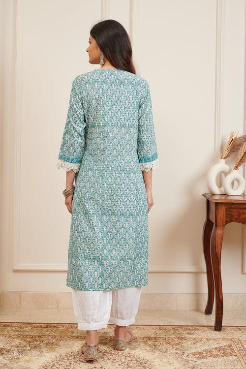 Sea Green Hand Block Printed Kurta