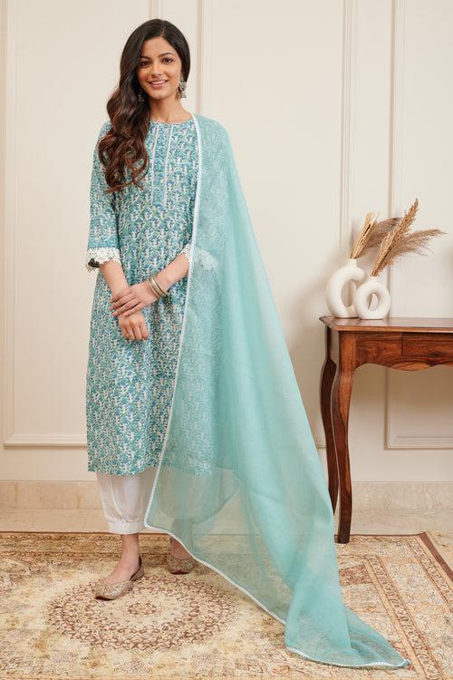 Sea Green Hand Block Printed Kurta