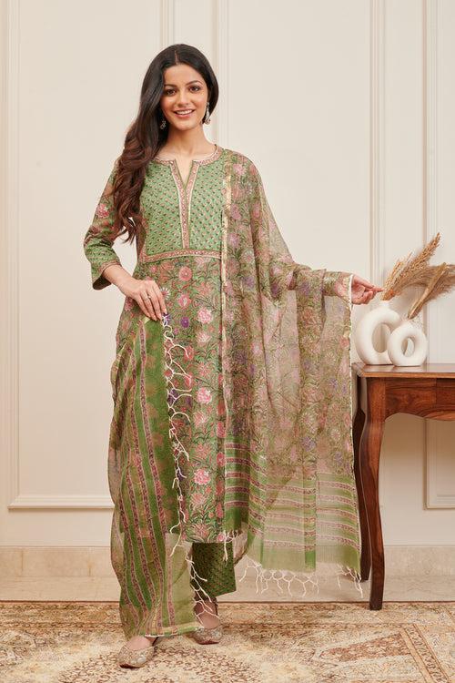 Green Pink Hand Block Printed Straight Kurta