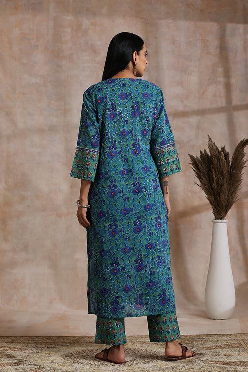 Green/Blue Hand Block Printed Sanganeri Kurta