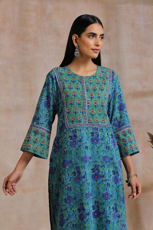 Green/Blue Hand Block Printed Sanganeri Kurta