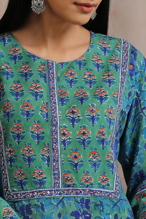 Green/Blue Hand Block Printed Sanganeri Kurta