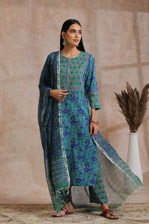 Green/Blue Hand Block Printed Sanganeri Kurta