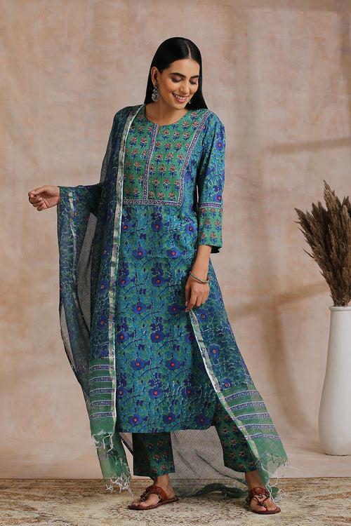 Green/Blue Hand Block Printed Sanganeri Kurta