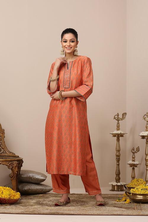 Orange Chanderi Silk Khari Printed Designer Kurta Set of 3